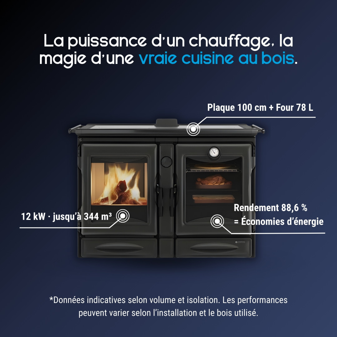 Cuisinière bois Alaska noire avec plaque cuisson 100 cm, four 78L et foyer 12 kW, rendement 88,6%