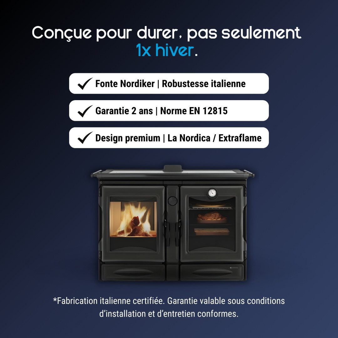 Cuisinière Alaska 12 kW en fonte noire avec foyer et four, design La Nordica Extraflame
