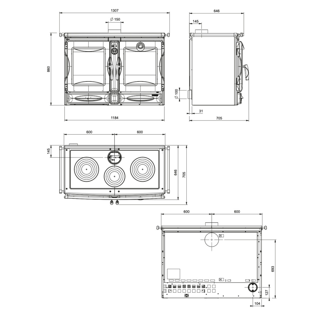 Plan technique et dimensions de la cuisinière à bois Alaska 12 kW avec vue face, profil et dessus