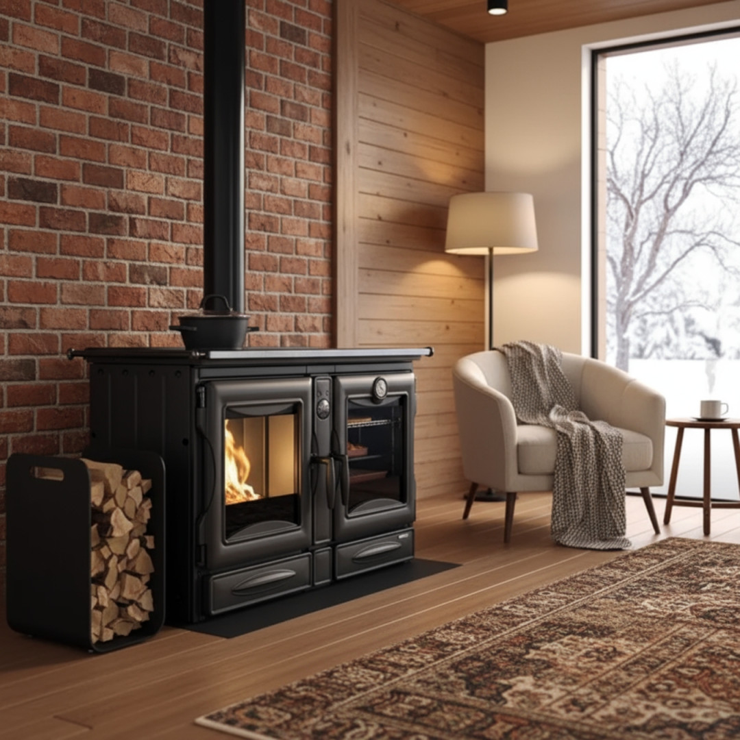 Cuisinière à bois Alaska 12 kW noire avec four installée dans un salon moderne avec mur en brique