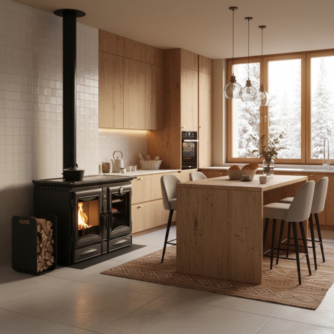 Cuisinière à bois Alaska noire installée dans une cuisine moderne avec conduit d'évacuation et rangement bûches
