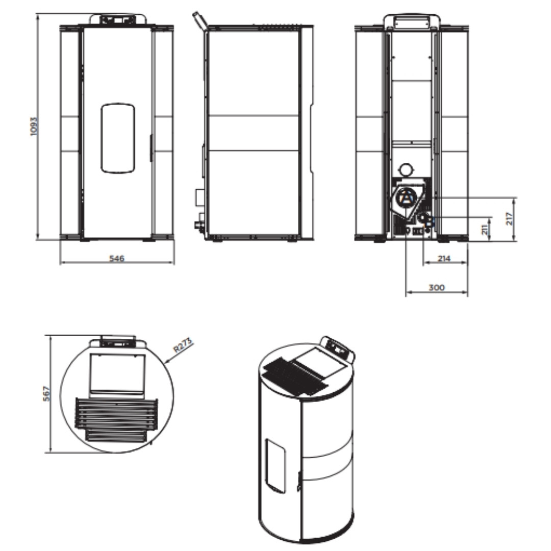 Plan technique du poêle à granulés étanche Lorena 9 kW avec dimensions et vues multiples