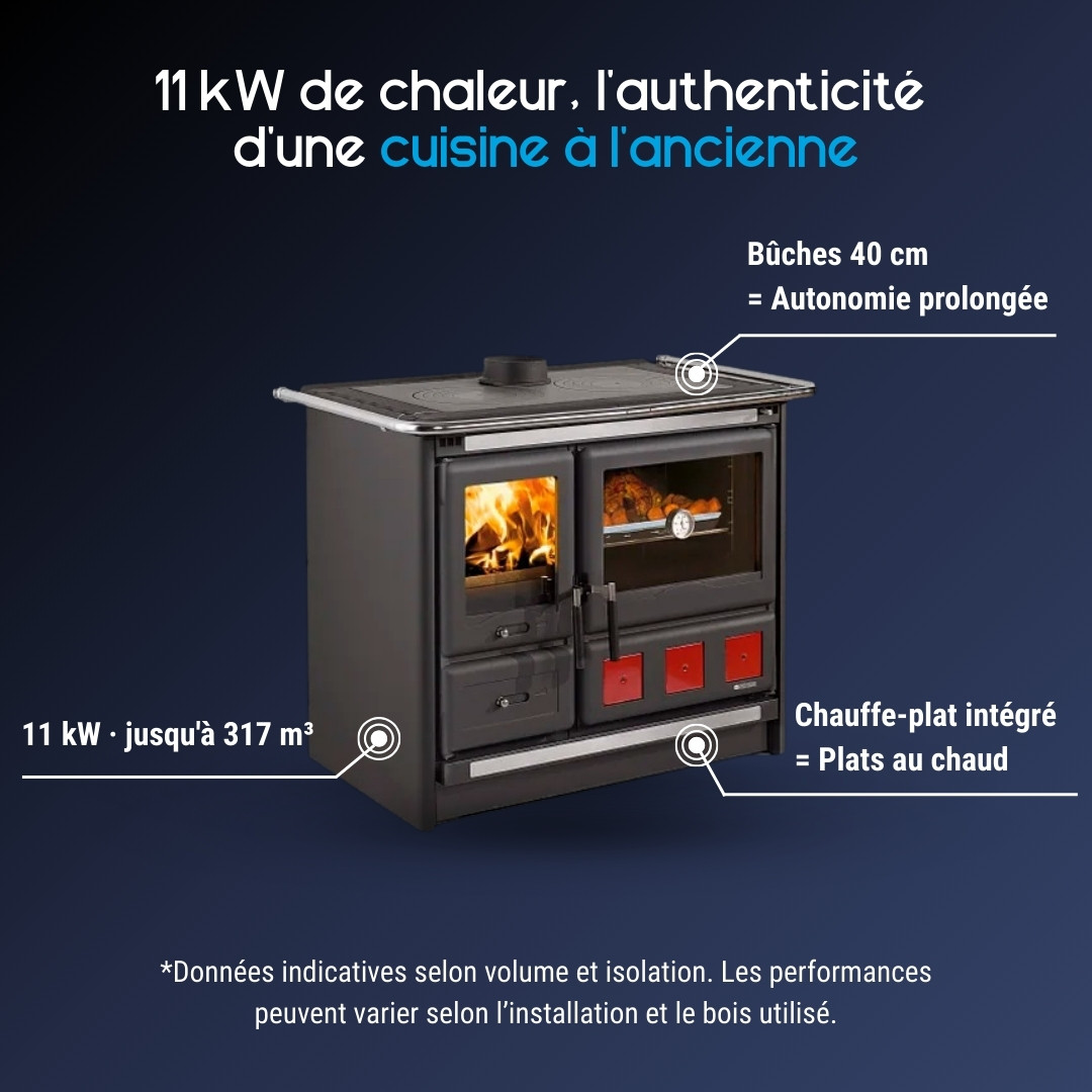 Cuisinière à bois en acier avec four et chauffe-plats, bûches 40 cm, puissance 11 kW