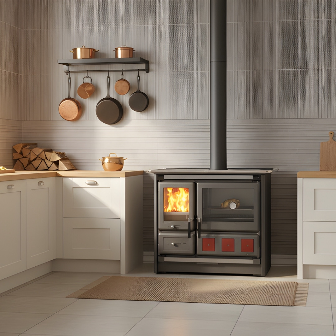 Cuisinière à bois Rosa XXL en acier anthracite avec four et foyer vitré installée dans une cuisine moderne