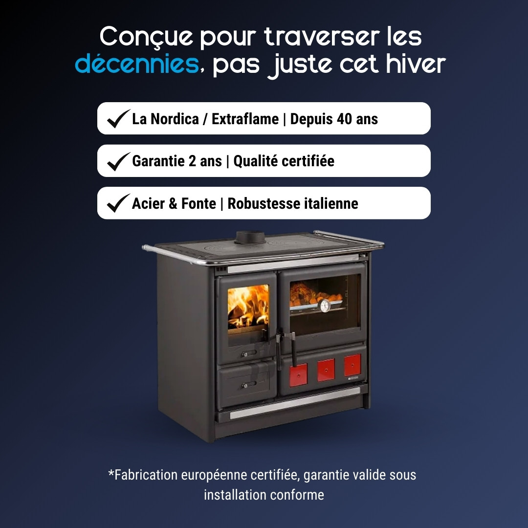 Cuisinière à bois en acier et fonte avec four, foyer visible et plaques de cuisson rouges 11 kW