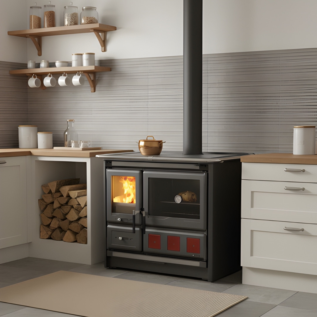 Cuisinière à bois Rosa XXL en acier gris anthracite avec four et foyer allumé, installée dans une cuisine moderne