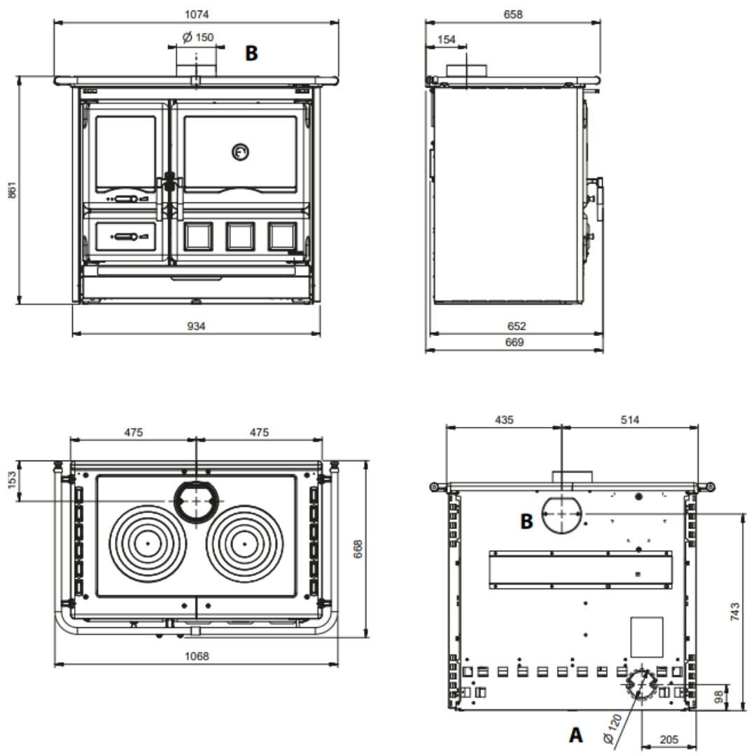 Plan technique et dimensions de la cuisinière à bois Rosa XXL Steel 11 kW avec vues face, profil et dessus