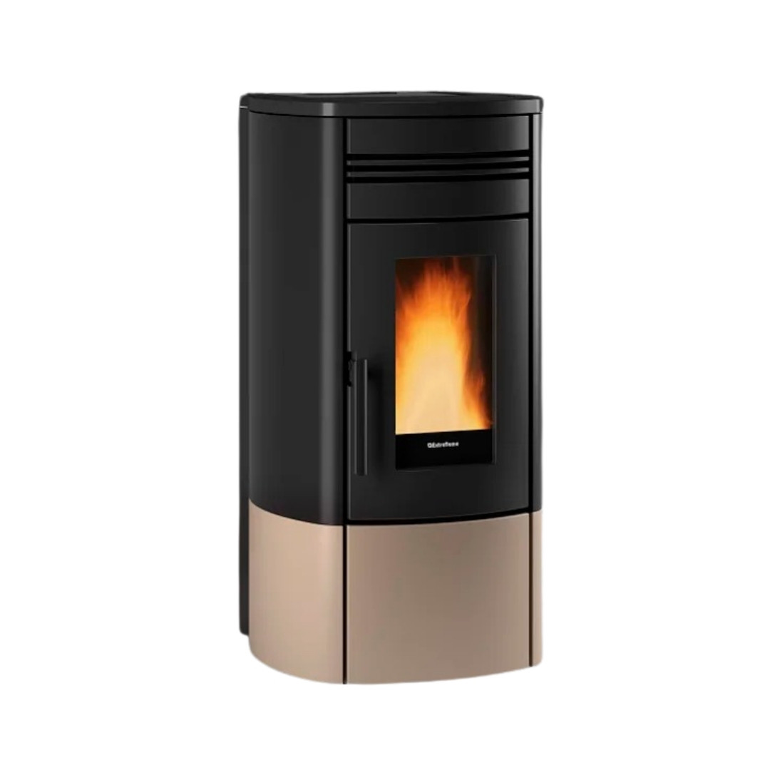 Poêle à granulés Noris Plus noir et beige 12 kW avec flamme visible et design contemporain