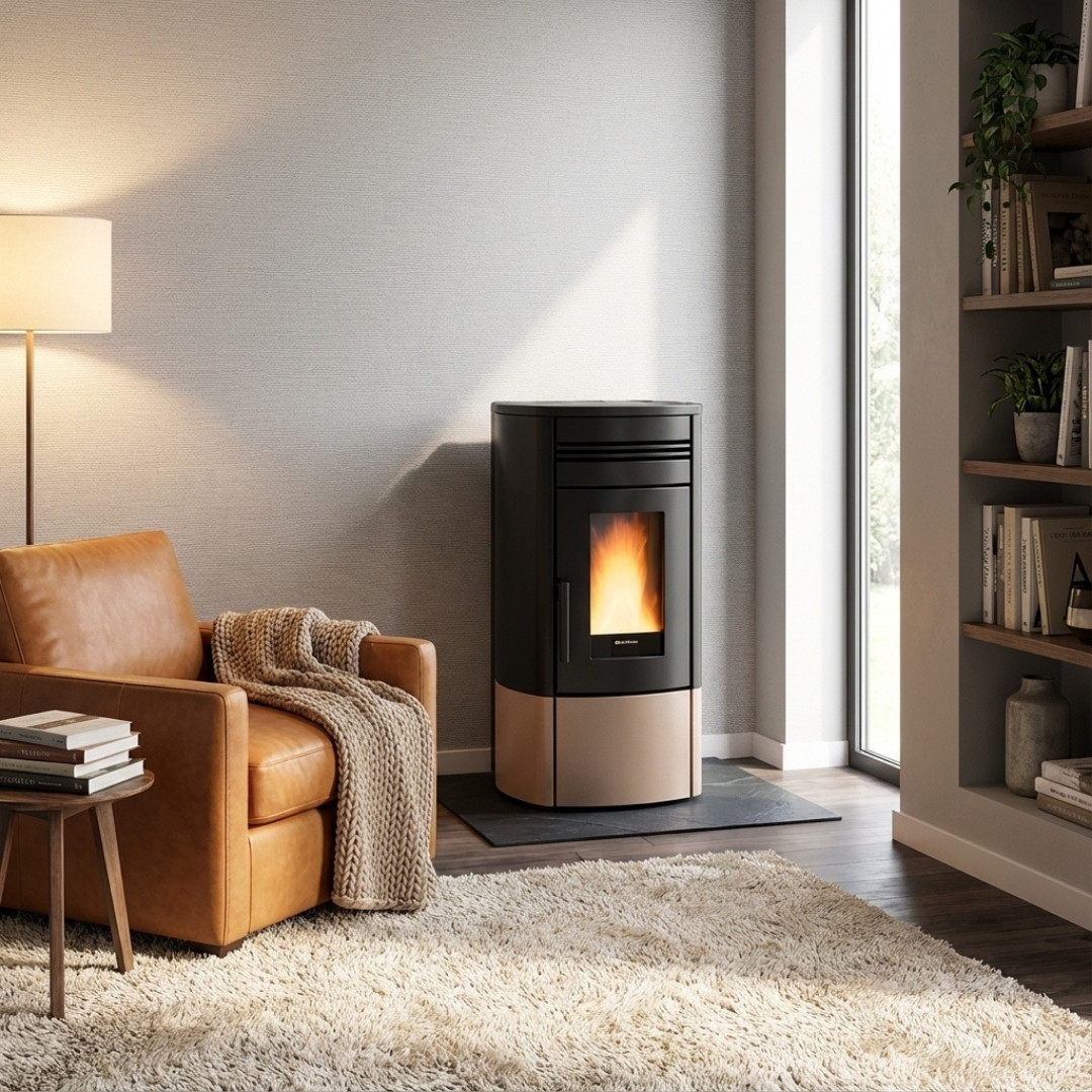 Poêle à granulés Noris Plus noir et beige 12 kW allumé dans un salon moderne avec flammes visibles