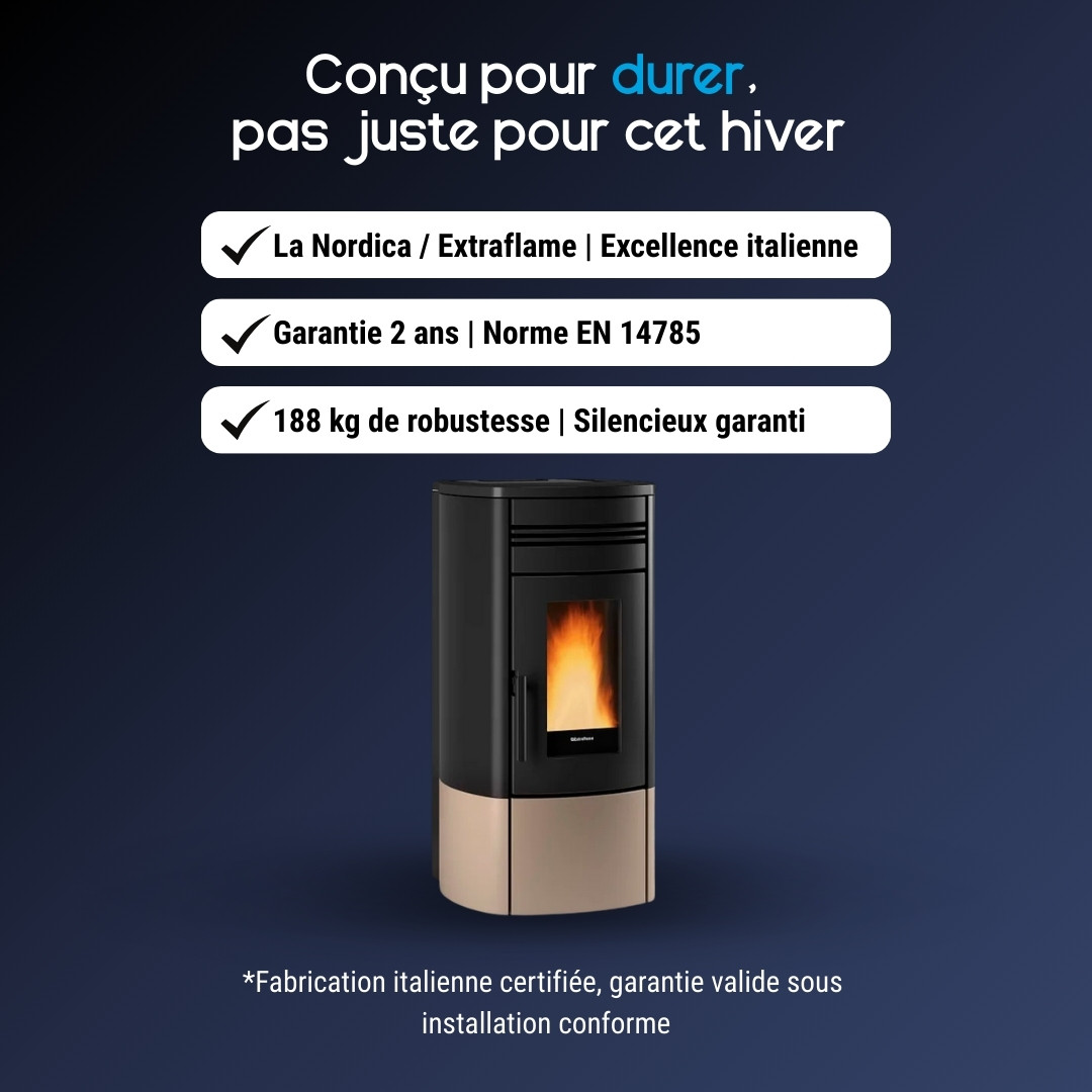 Poêle à granulés Noris Plus noir et beige 12 kW design moderne avec flamme allumée