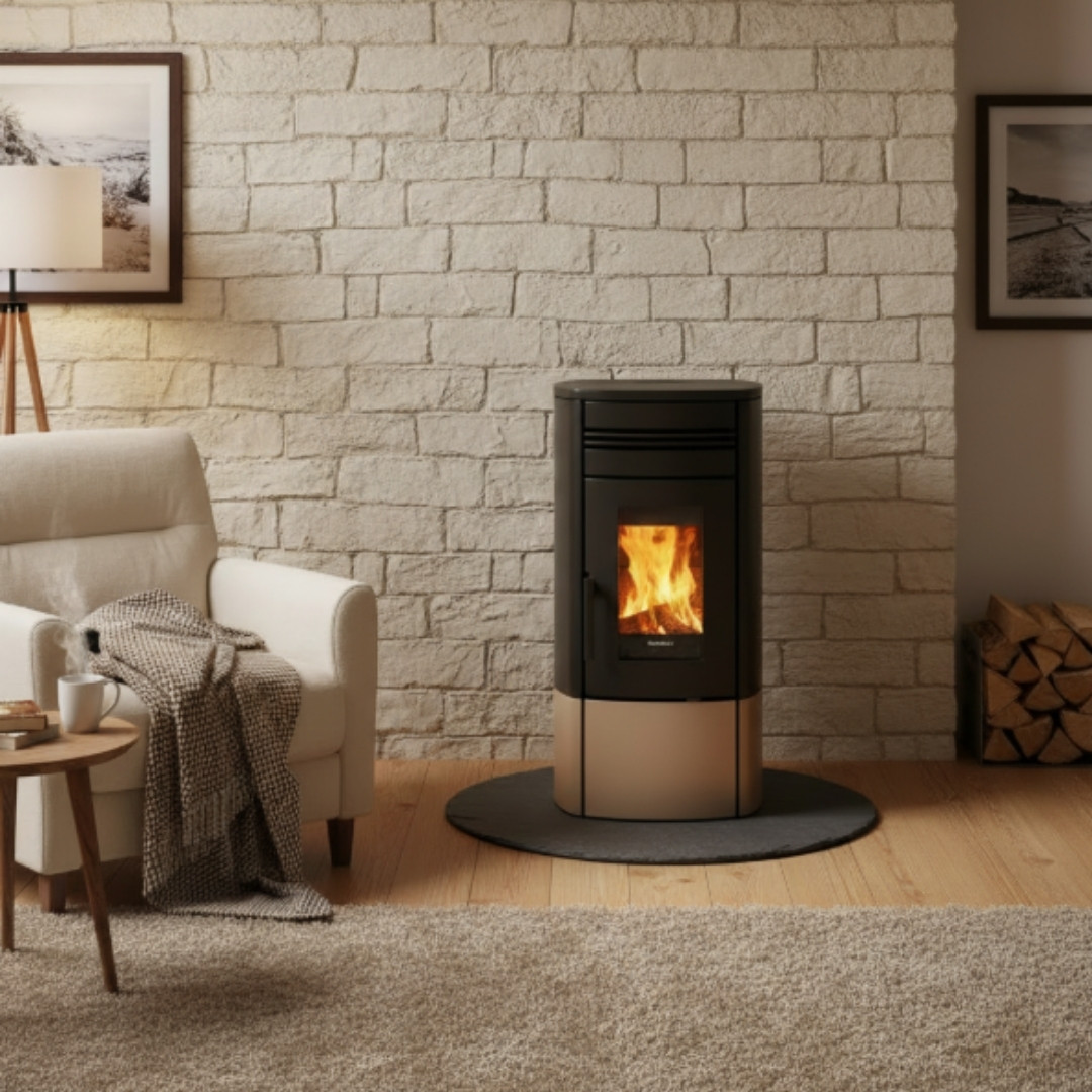 Poêle à granulés Noris Plus 12 kW noir et beige installé dans salon contemporain avec feu allumé