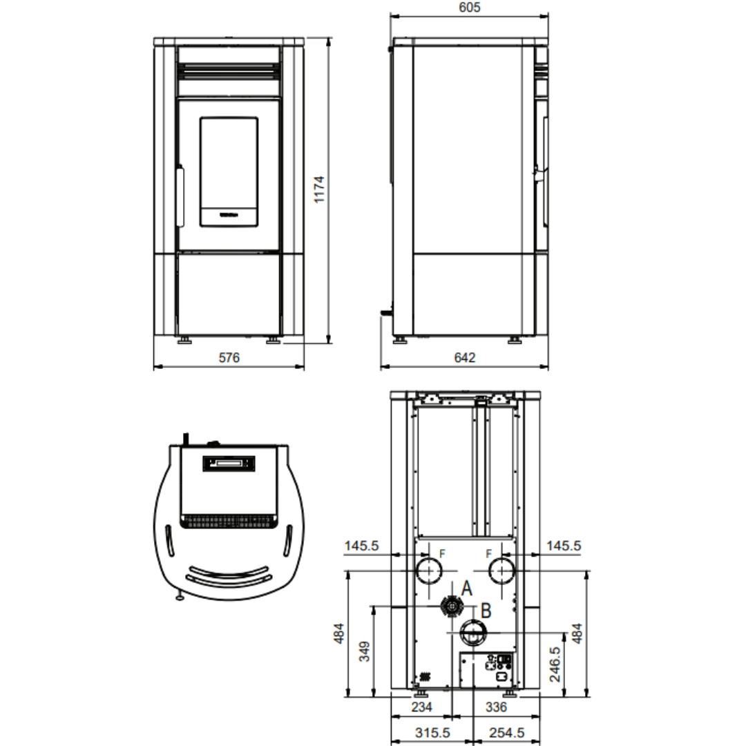 Plan technique et dimensions du poêle à granulés Noris Plus 12 kW vue face, profil et dessus