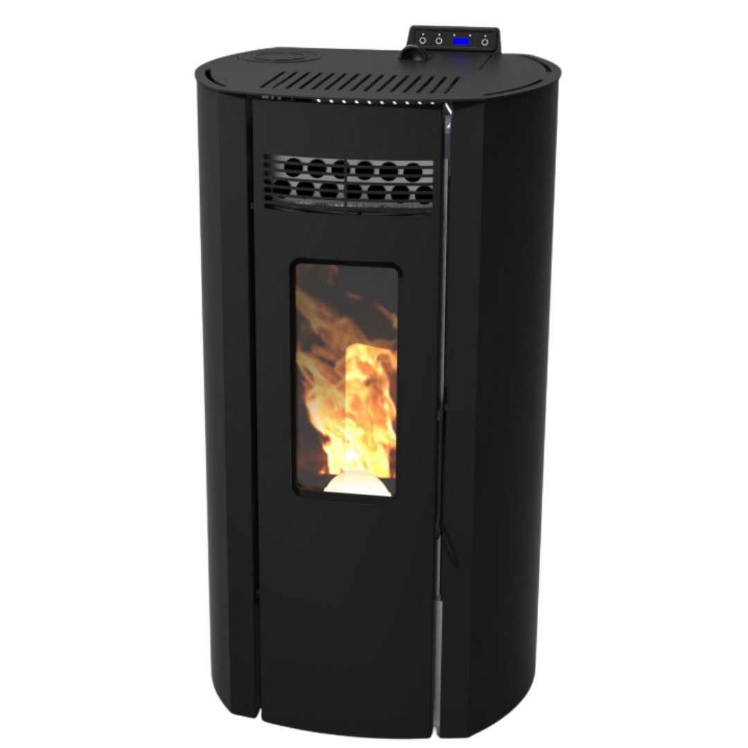 Poêle à granulés Ring 11 noir cylindrique 10 kW avec panneau de commande digital et vitre panoramique