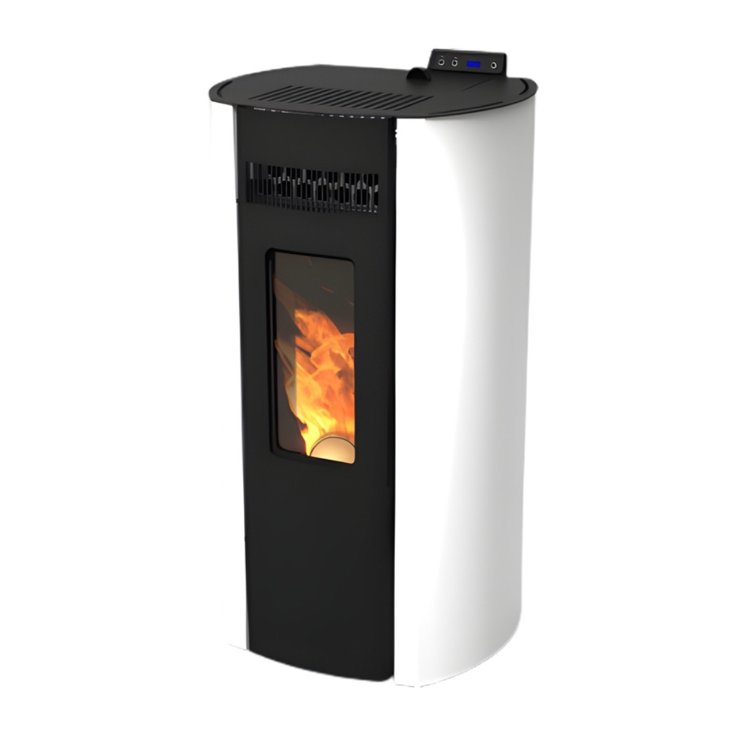 Poêle à granulés Ring 11 design bicolore noir et blanc avec vitre flamme et panneau de commande numérique 10 kW