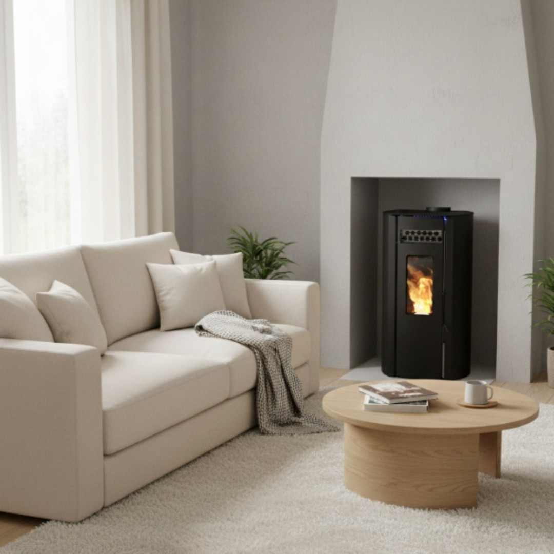 Poêle à granulés Ring 11 noir de 10 kW installé dans un salon moderne avec feu allumé