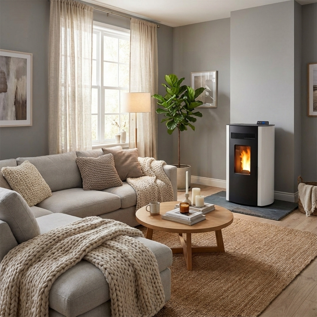 Poêle à granulés Ring 11 blanc et noir 10 kW installé dans un salon moderne avec flammes visibles