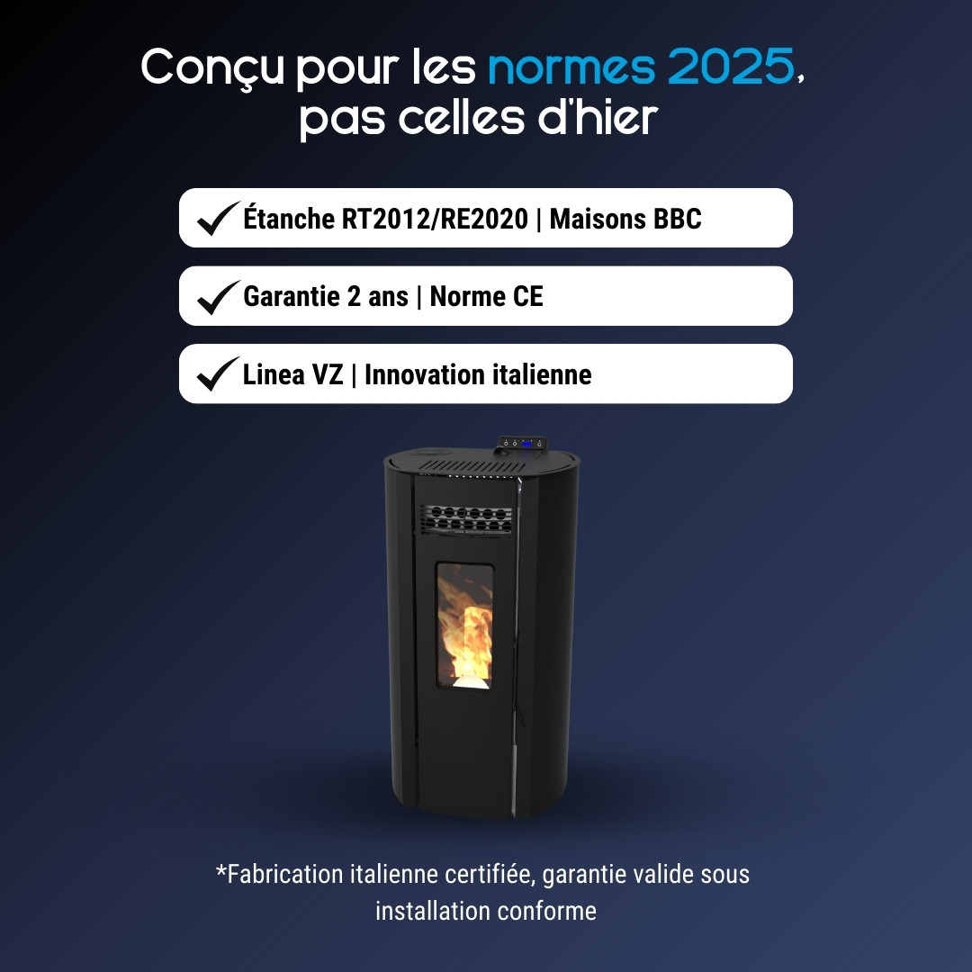 Poêle à granulés Ring 11 noir cylindrique 10 kW certifié RT2012 Linea VZ avec flammes visibles