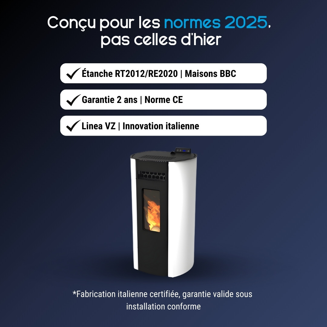 Poêle à granulés Ring 11 étanche 10 kW design blanc et noir avec flammes visibles, certifié RT2012