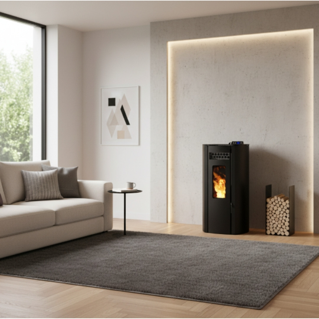 Poêle à granulés noir Ring 11 de 10 kW installé dans un salon moderne avec flamme visible