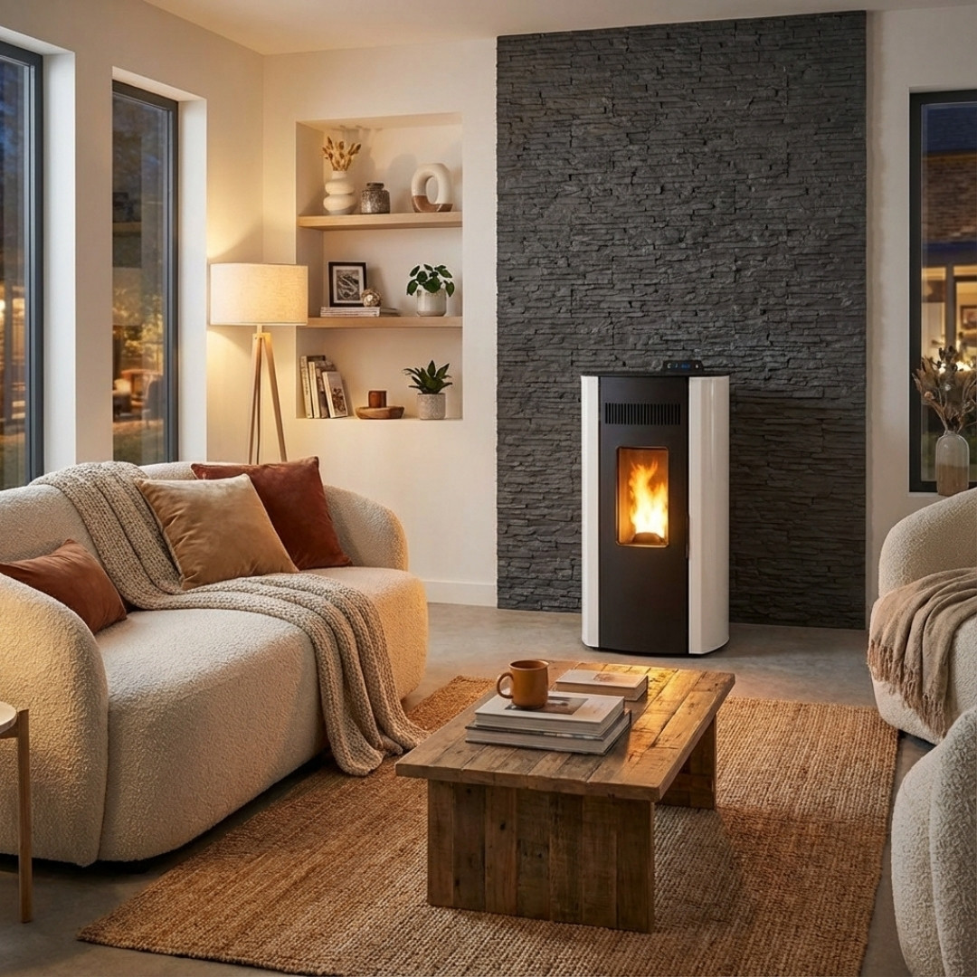 Poêle à granulés Ring 11 design blanc et noir 10 kW installé dans un salon moderne avec mur en pierre