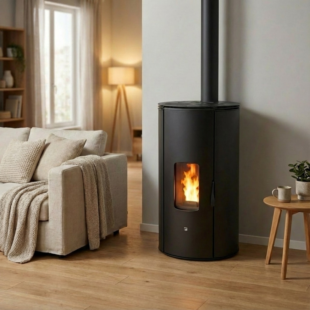 Poêle à granulés Lorena PJ noir 9Kw en situation dans un salon moderne avec conduit apparent
