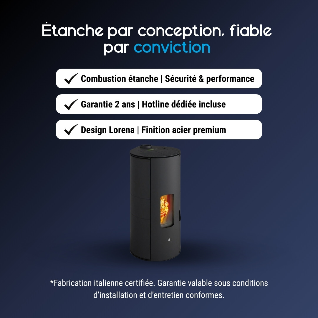 Poêle à granulés Lorena cylindrique noir 9Kw avec finition acier et combustion étanche