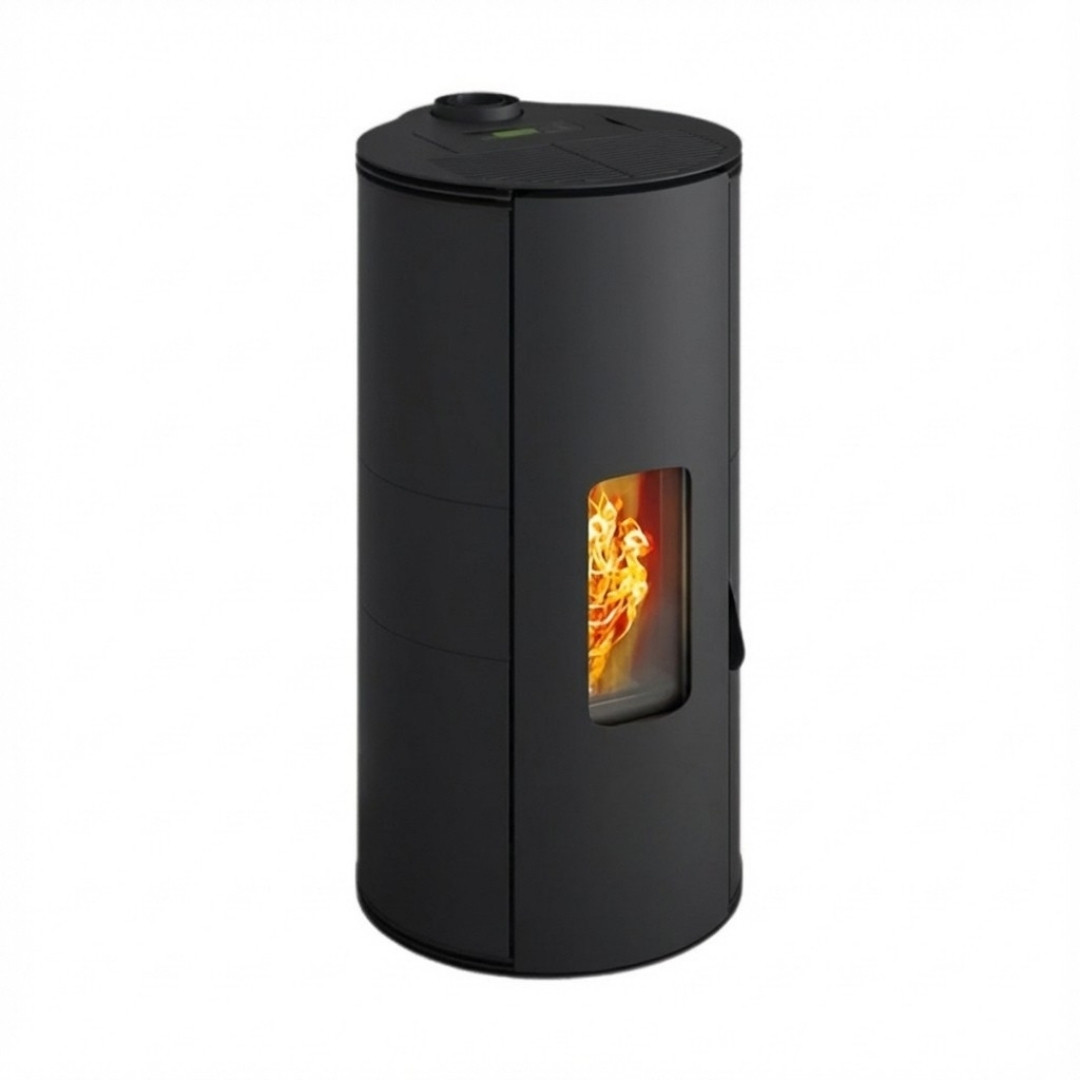 Poêle à granulés Lorena PJ cylindrique noir 9Kw avec vitre frontale et sortie de fumée supérieure