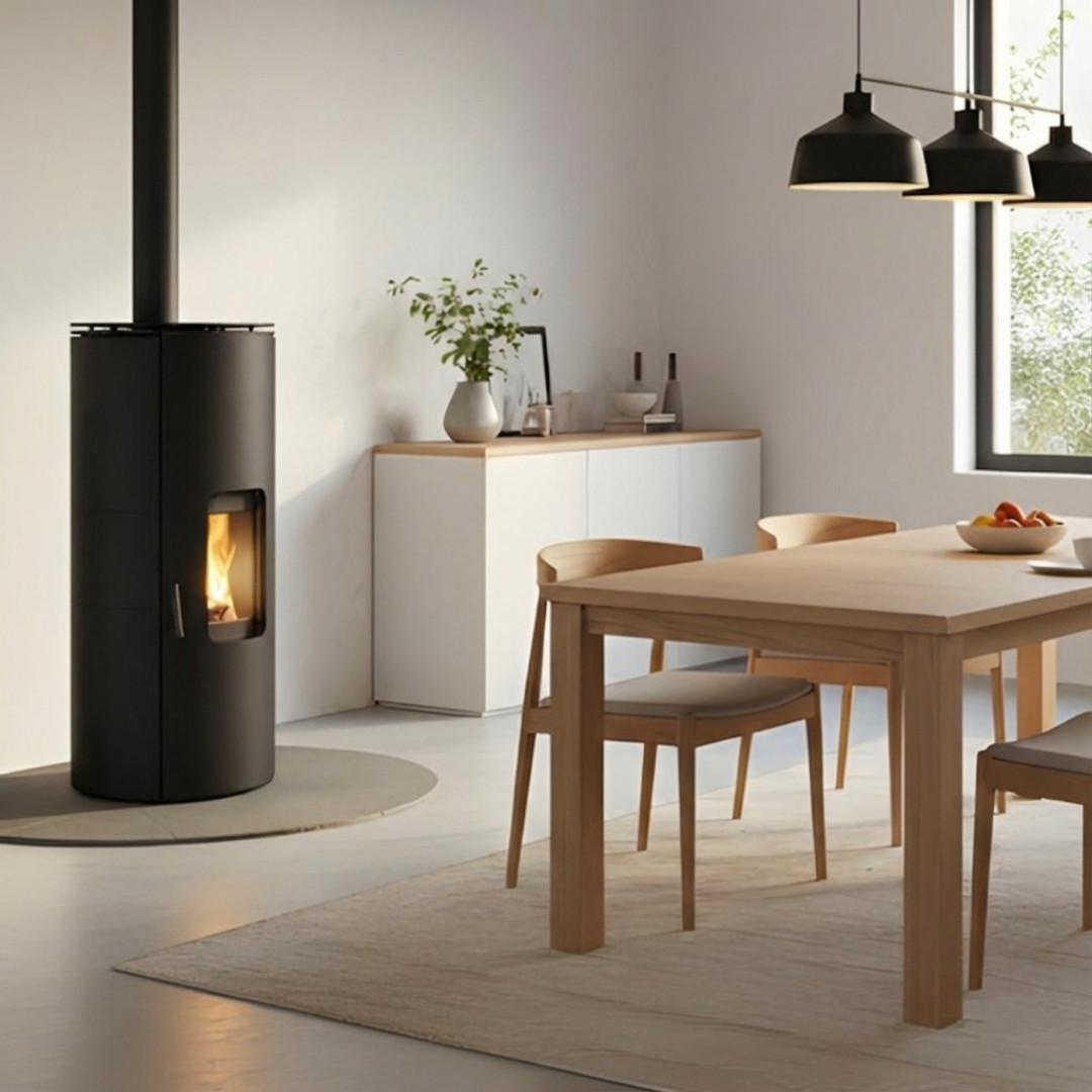 Poêle à granulés Lorena PJ noir 9Kw installé dans une salle à manger contemporaine avec conduit apparent