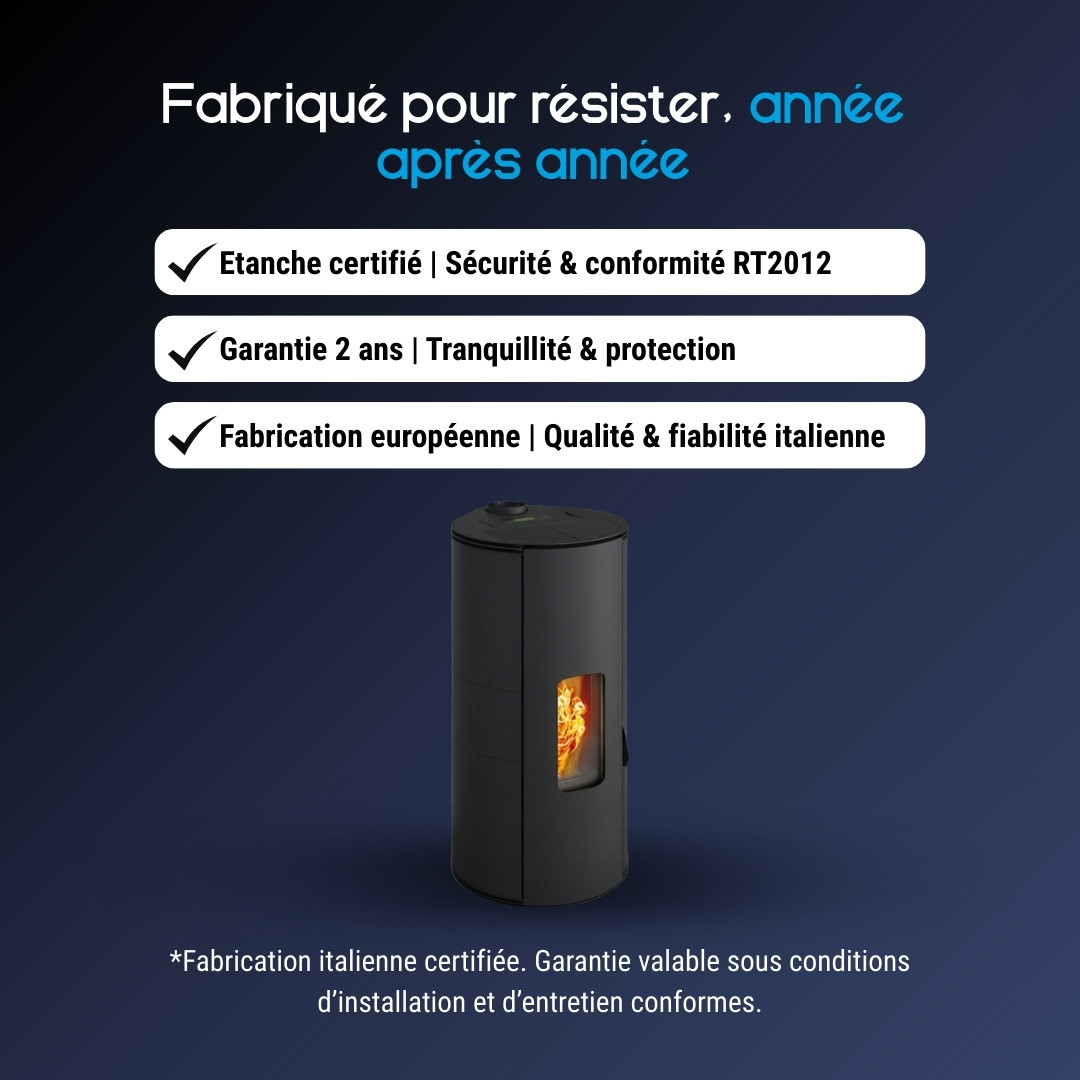 Poêle à granulés Lorena PJ cylindrique noir 9Kw certifié RT2012 fabrication italienne