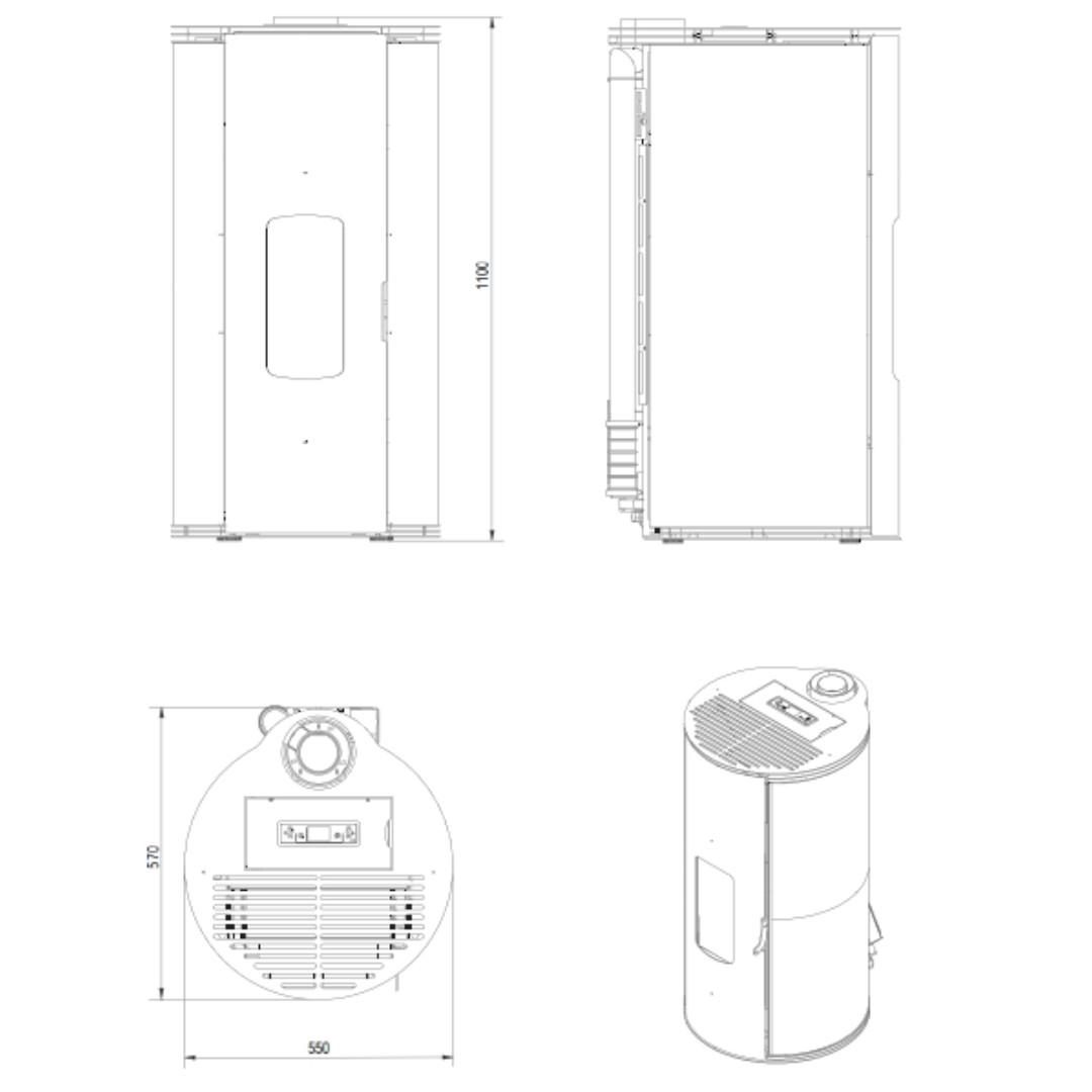 Plan technique et dimensions du poêle à granulés Lorena PJ 9Kw avec sortie supérieure des fumées
