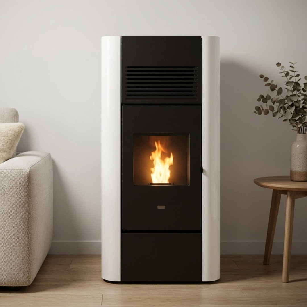 Poêle à granulés Adria noir et blanc avec grille de ventilation installé dans un salon moderne