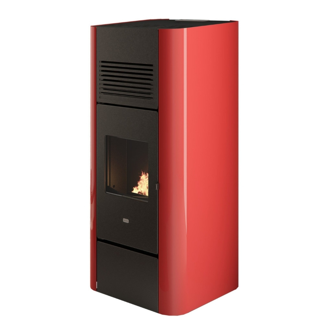Poêle à granulés Adria rouge et noir avec vitre panoramique et grilles de ventilation, puissance 15,4 kW