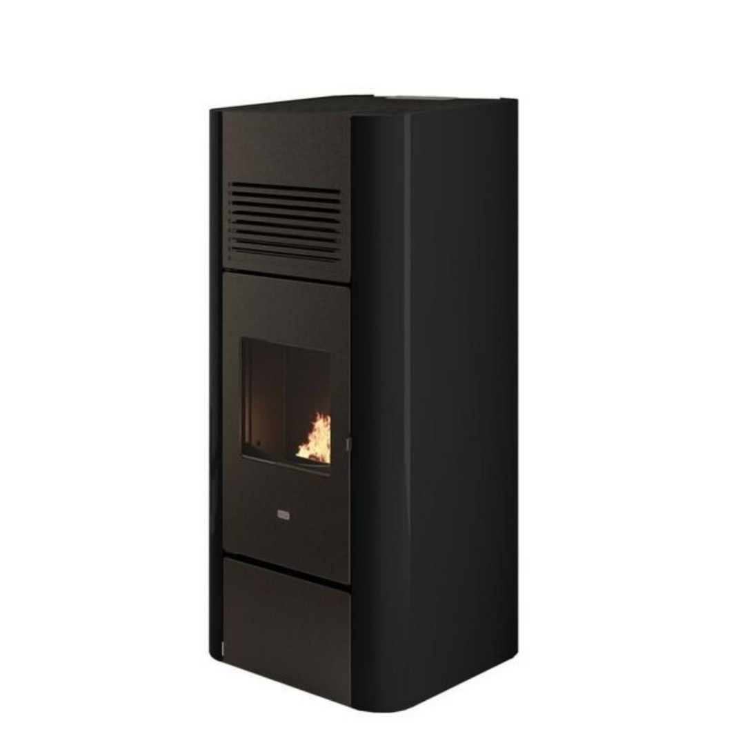 Poêle à granulés Adria noir design moderne avec ventilation supérieure et vitre panoramique 15,4 kW
