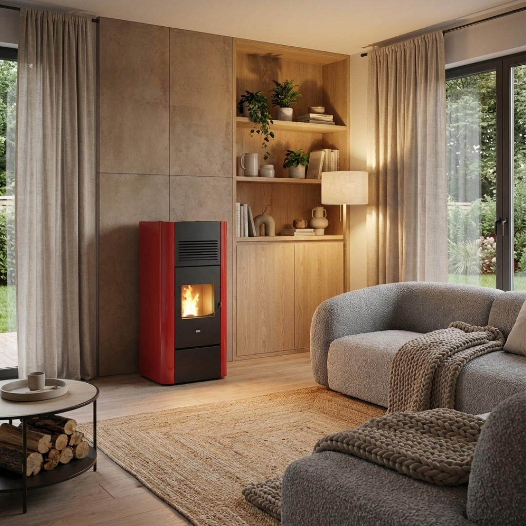 Poêle à granulés Adria rouge bordeaux 15,4 kW installé dans salon moderne avec vitre et flammes visibles