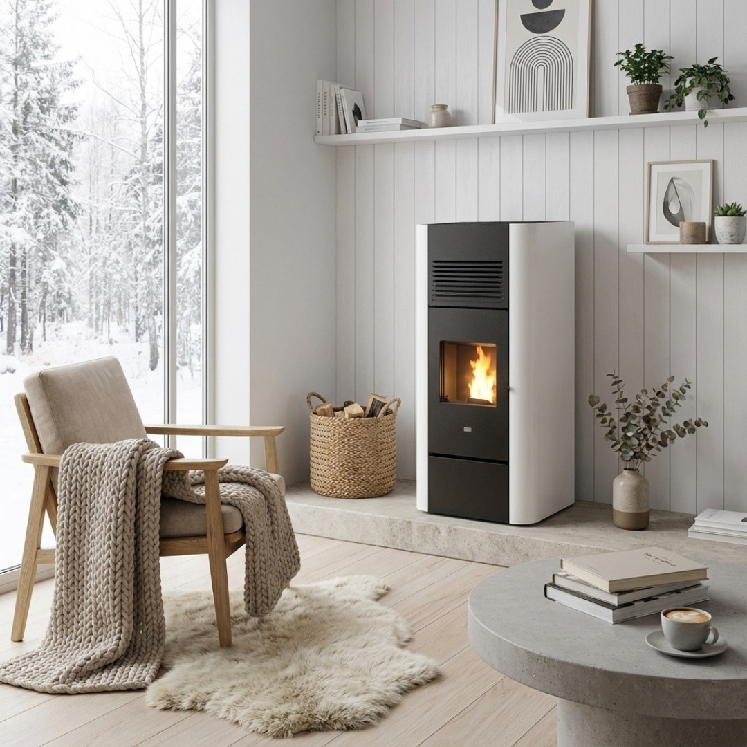 Poêle à granulés Adria design bicolore blanc et noir avec ventilation installé dans salon scandinave moderne