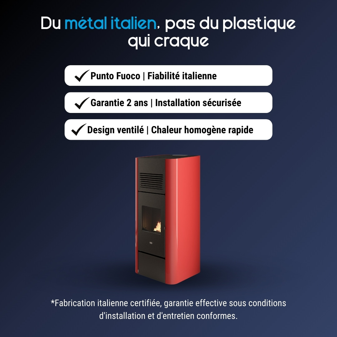 Poêle à granulés Adria rouge et noir 15,4 kW en métal italien avec système de ventilation
