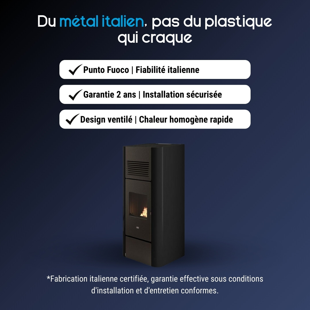 Poêle à granulés Adria noir en métal italien, design ventilé avec foyer vitré et grilles d'aération