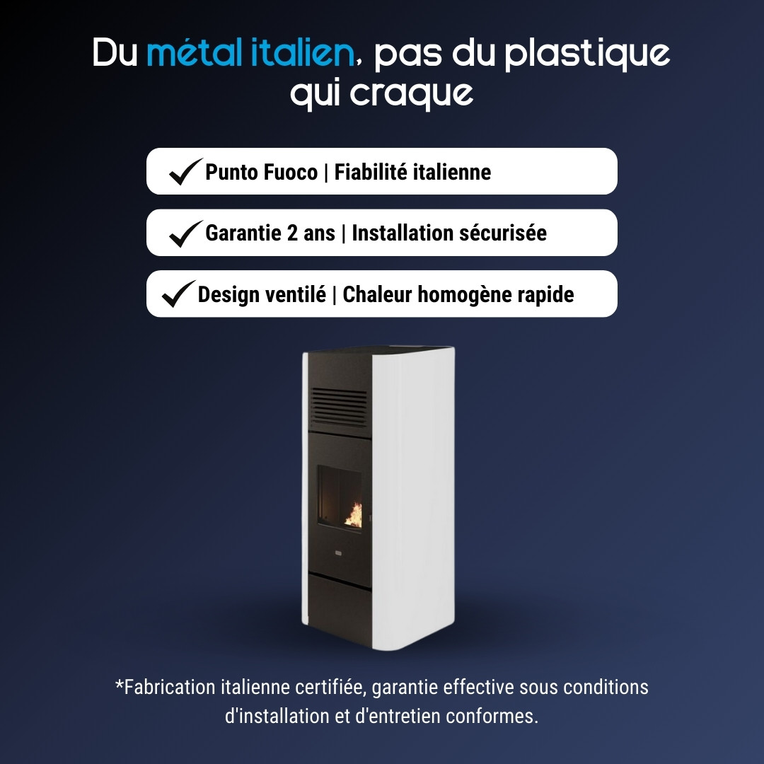 Poêle à granulés Adria design bicolore blanc et anthracite, habillage métal italien, puissance 15,4 kW