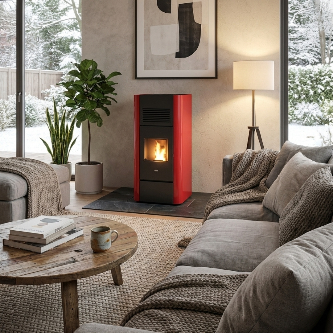 Poêle à granulés Adria rouge et noir de 15,4 kW installé dans un salon moderne avec vue sur jardin enneigé