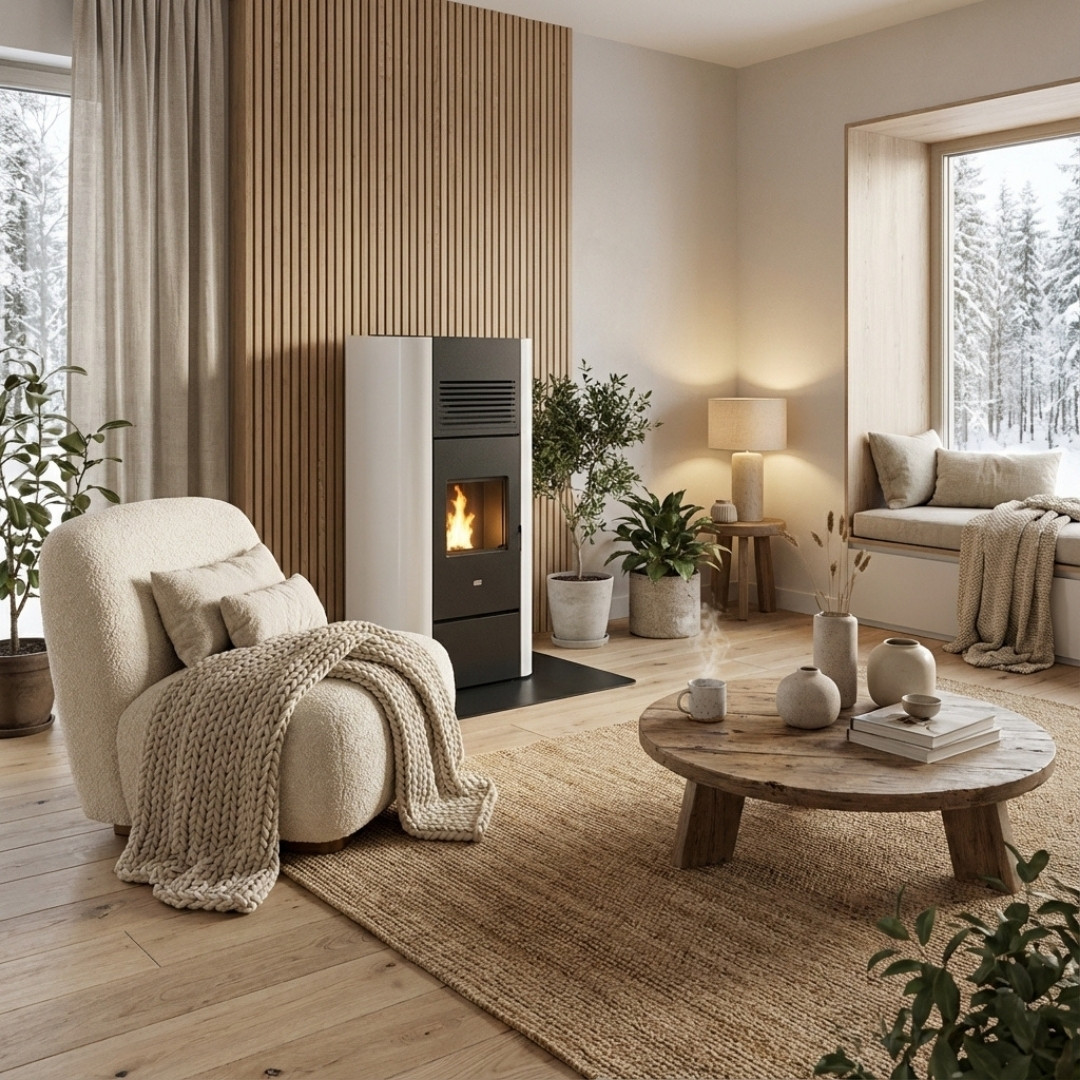 Poêle à granulés Adria blanc et gris installé dans salon scandinave avec feu allumé