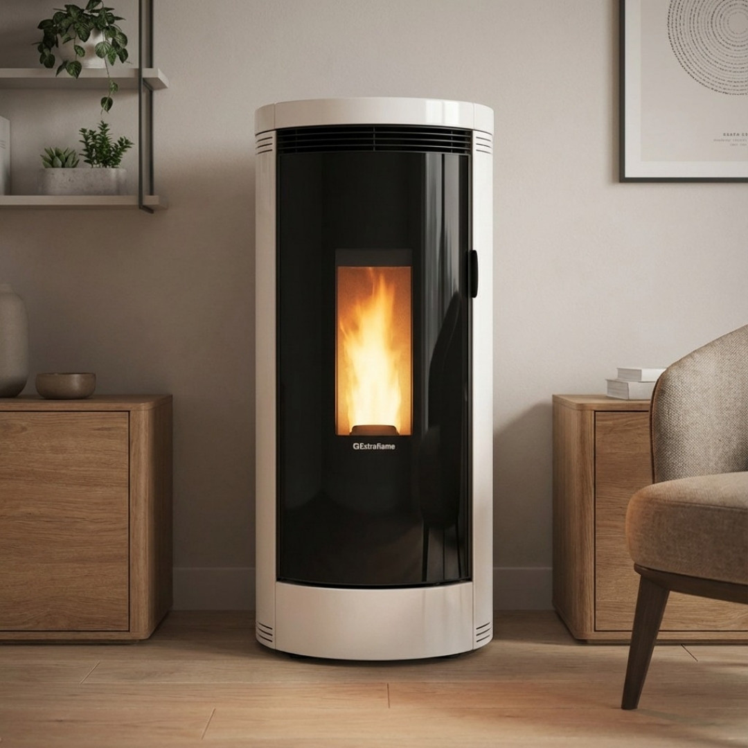 Poêle à granulés Debby Cx blanc et noir design cylindrique allumé dans un salon moderne