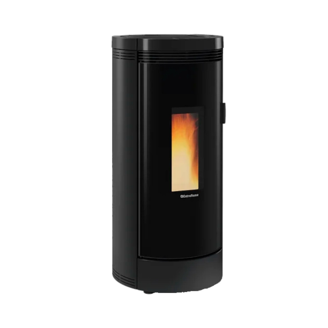 Poêle à granulés Debby Cx noir de 9 kW avec vitre panoramique et design cylindrique moderne