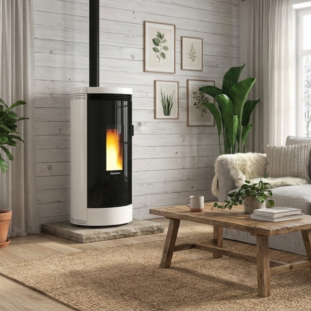 Poêle à granulés Debby Cx blanc et noir 9 kW allumé dans un salon scandinave avec conduit apparent