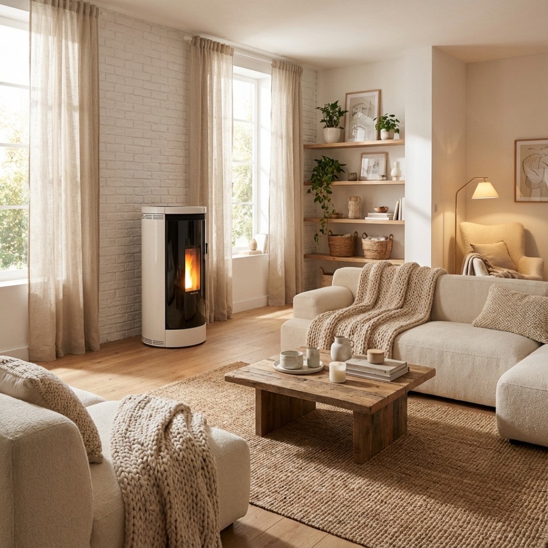 Poêle à granulés Debby Cx 9 kW design blanc et noir installé dans un salon moderne et lumineux