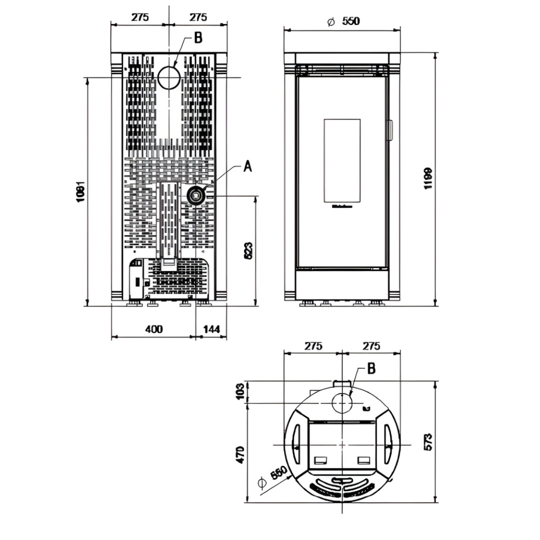 Plan technique avec dimensions du poêle à granulés Debby Cx 9 kW, vues face, profil et dessus