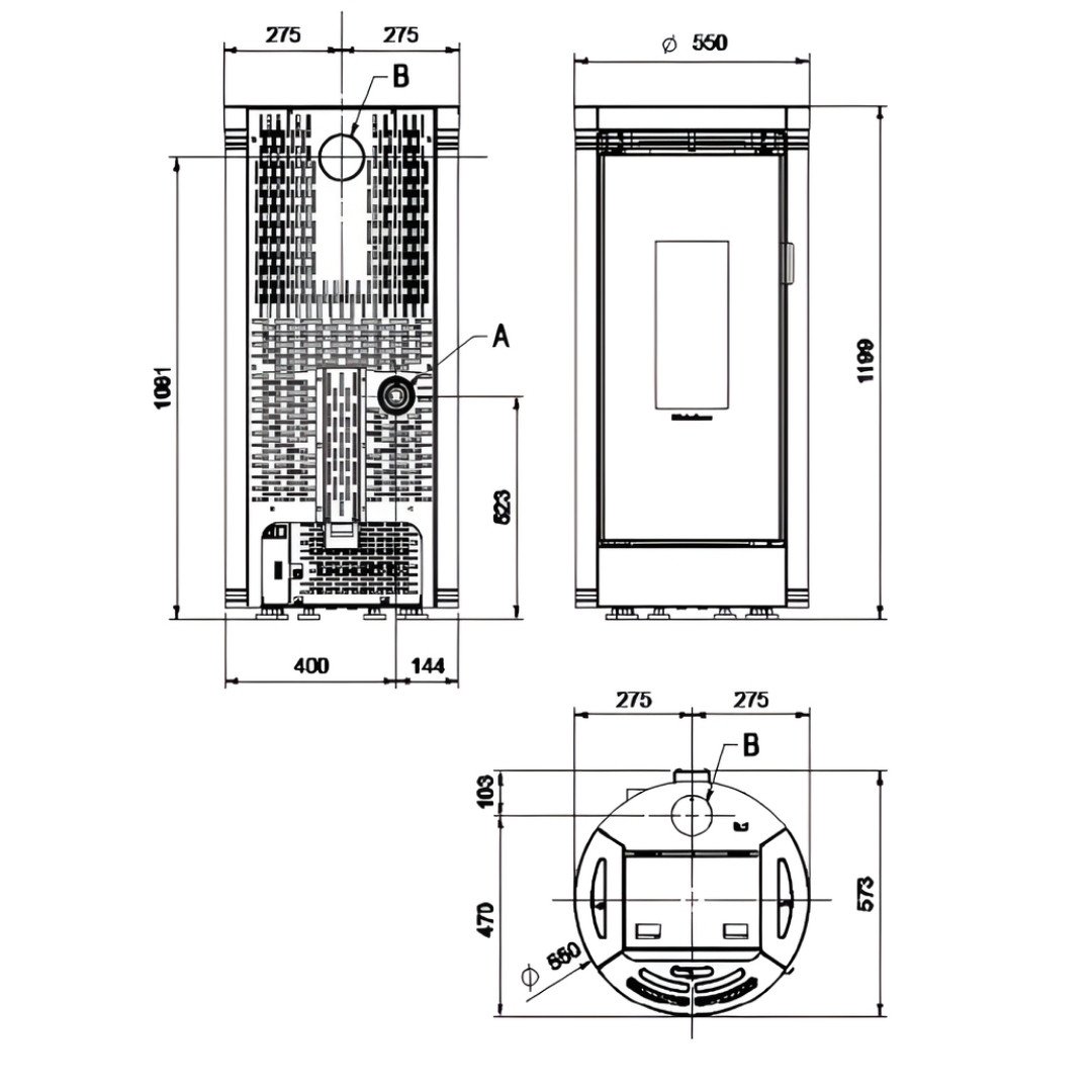 Plan technique avec dimensions du poêle à granulés Debby Cx 9 kW, vues face, profil et dessus