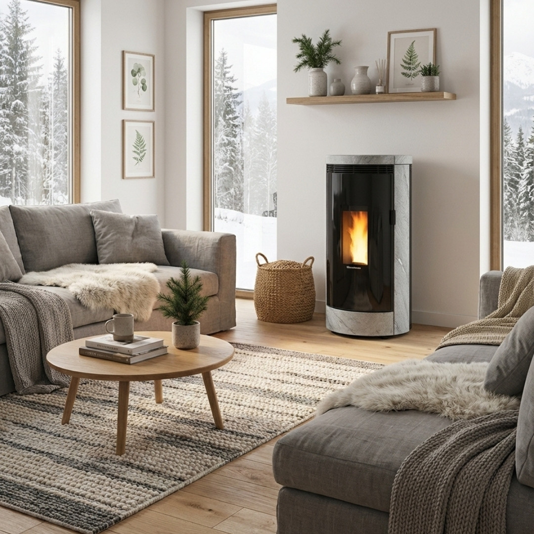 Poêle à granulés Debby Cx avec habillage pierre naturelle installé dans salon contemporain avec vue hivernale