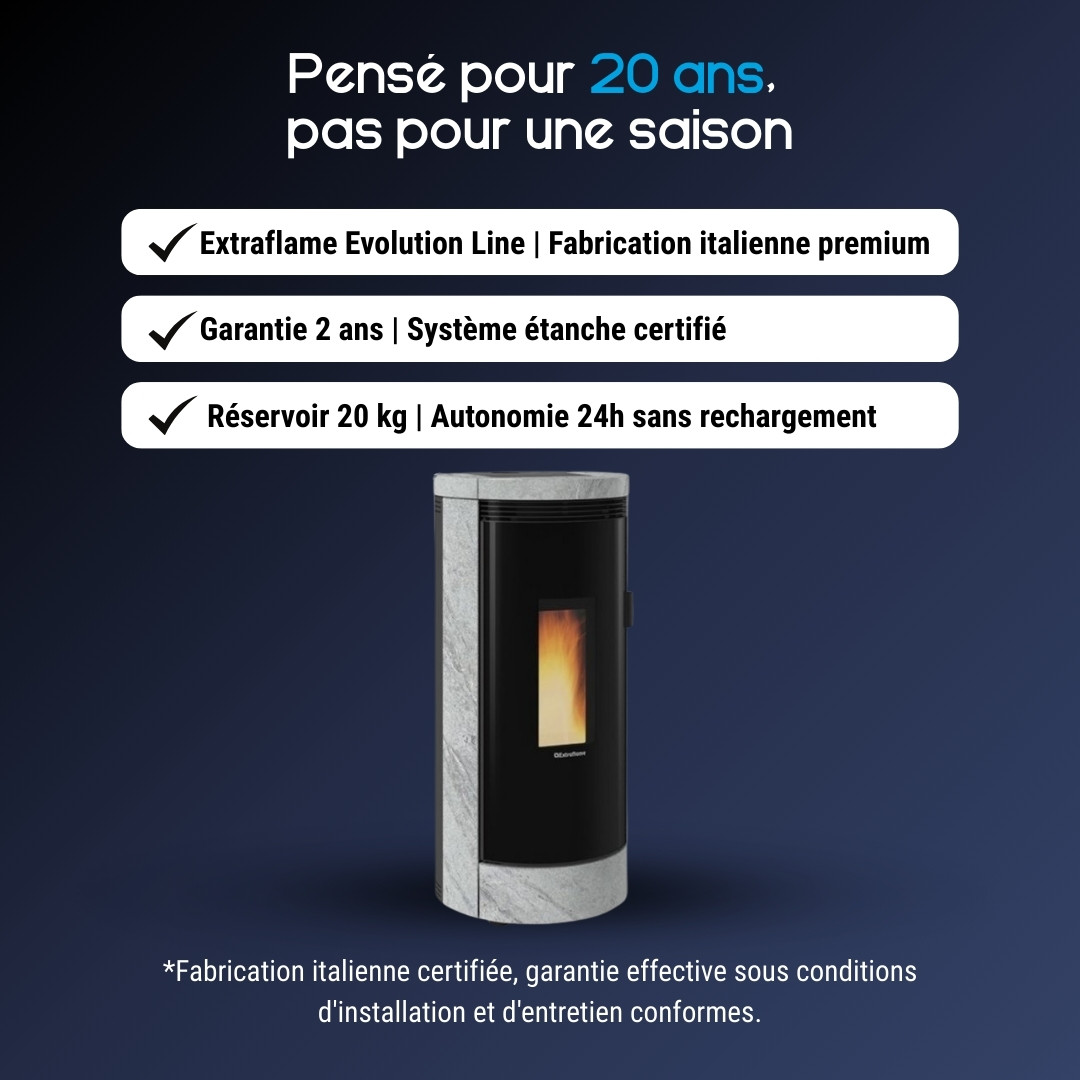 Poêle à granulés Debby Cx habillage pierre naturelle grise et noir, puissance 9 kW, réservoir 20 kg