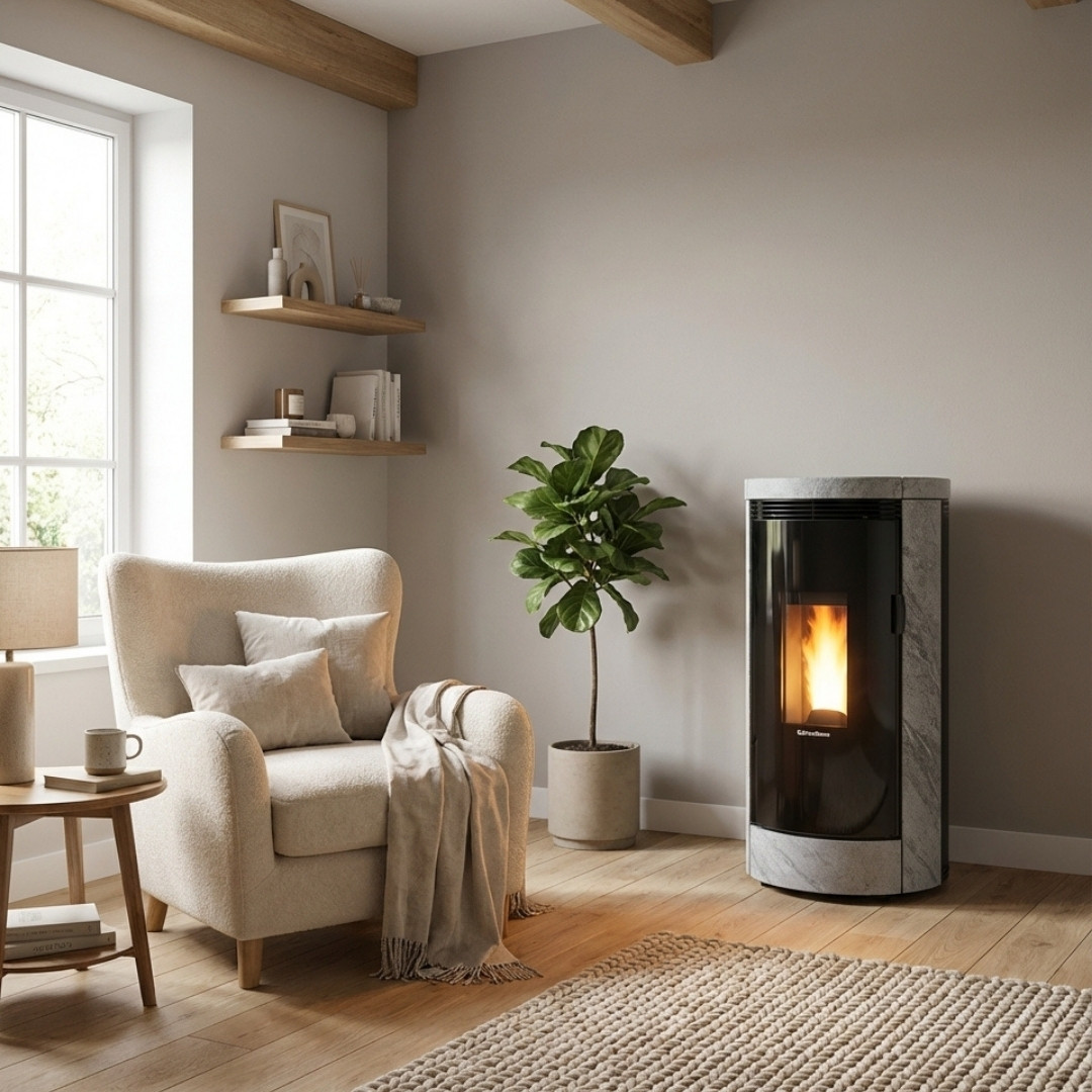 Poêle à granulés Debby Cx 9 kW avec habillage pierre naturelle installé dans un salon moderne