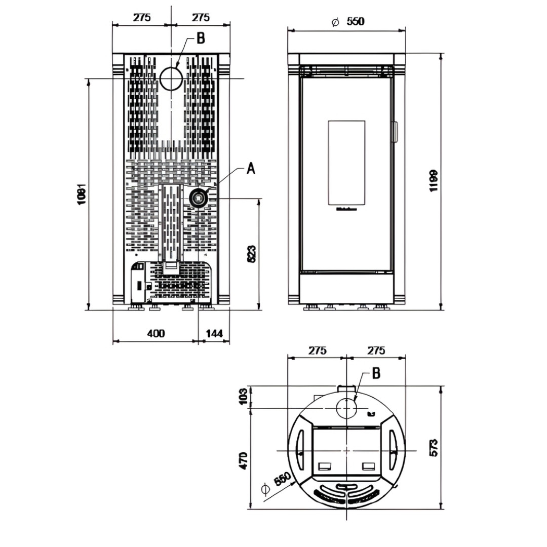 Plan technique et dimensions du poêle à granulés Debby Cx 9 kW en pierre naturelle